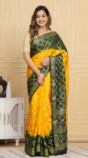 Gharchola Banarasi Silk Saree with Running Blouse Piece – Green & Yellow