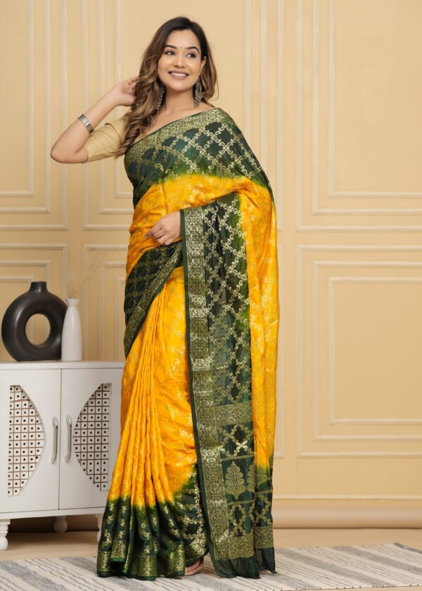 Gharchola Banarasi Silk Saree with Running Blouse Piece – Green & Yellow - Image 3