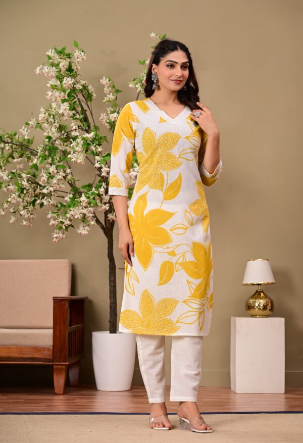 Yellow Floral Printed V-Neck Thread Work Pure Cotton Kurta With Trousers - Image 7