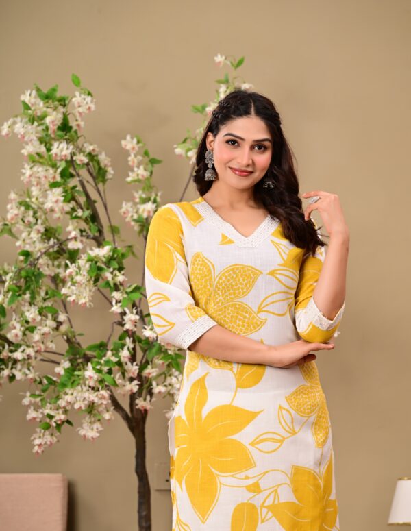 Yellow Floral Printed V-Neck Thread Work Pure Cotton Kurta With Trousers - Image 6