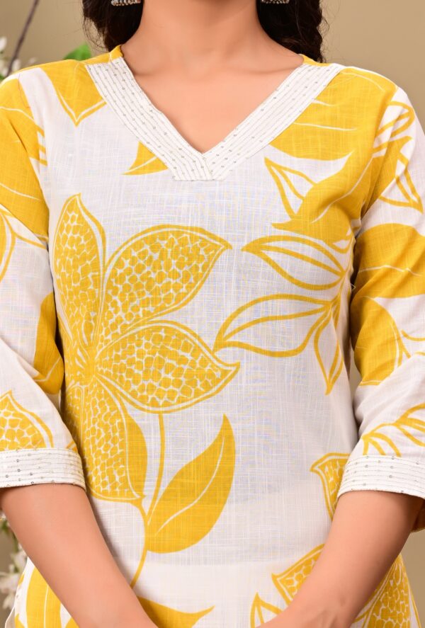 Yellow Floral Printed V-Neck Thread Work Pure Cotton Kurta With Trousers - Image 5