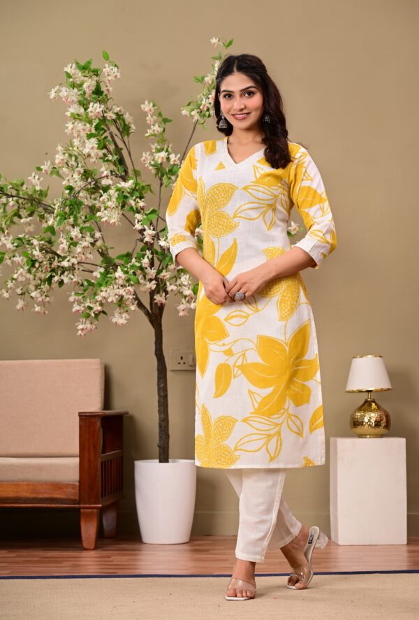 Yellow Floral Printed V-Neck Thread Work Pure Cotton Kurta With Trousers - Image 4