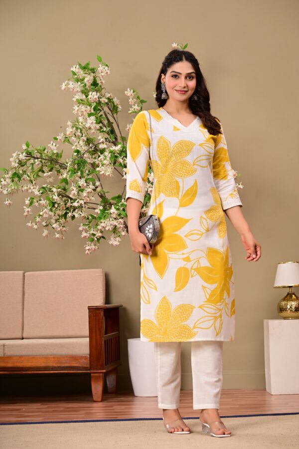 Yellow Floral Printed V-Neck Thread Work Pure Cotton Kurta With Trousers - Image 3