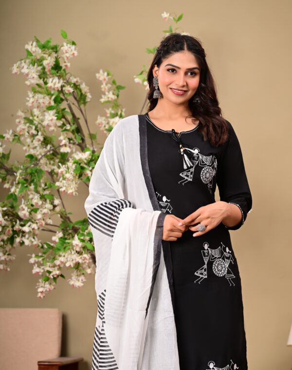 Black Ethnic Motifs Embroidered Cotton Kurta with Trousers & Dupatta - Image 6