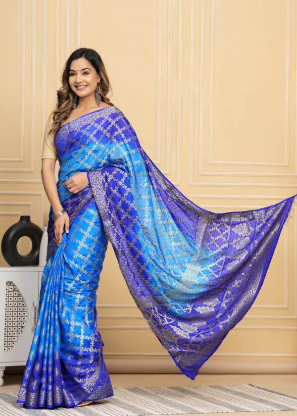 Gharchola Banarasi Silk Saree with Running Blouse Piece – Blue - Image 6