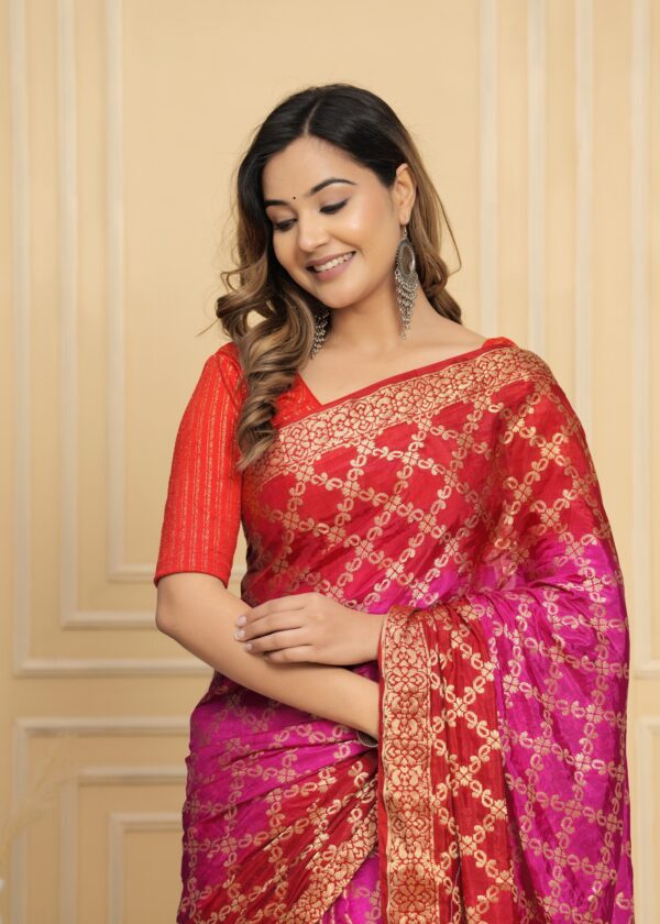 Gharchola Banarasi Silk Saree with Running Blouse Piece – Red & Pink - Image 8