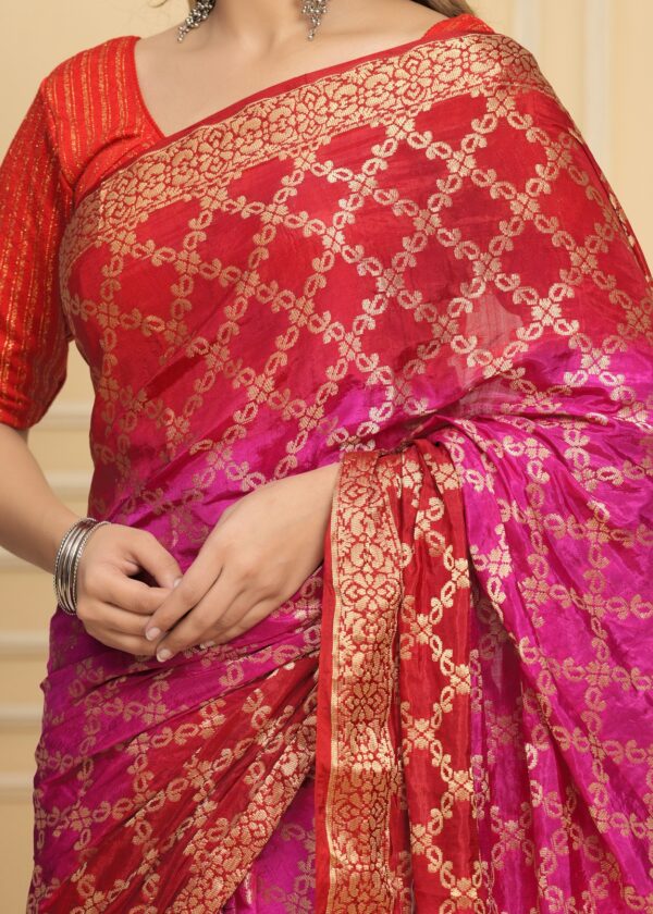 Gharchola Banarasi Silk Saree with Running Blouse Piece – Red & Pink - Image 7