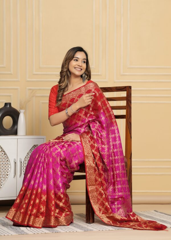 Gharchola Banarasi Silk Saree with Running Blouse Piece – Red & Pink - Image 6