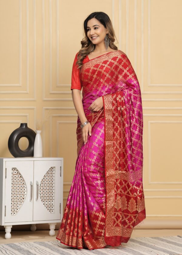 Gharchola Banarasi Silk Saree with Running Blouse Piece – Red & Pink - Image 5
