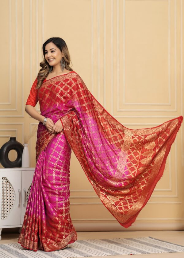 Gharchola Banarasi Silk Saree with Running Blouse Piece – Red & Pink - Image 4