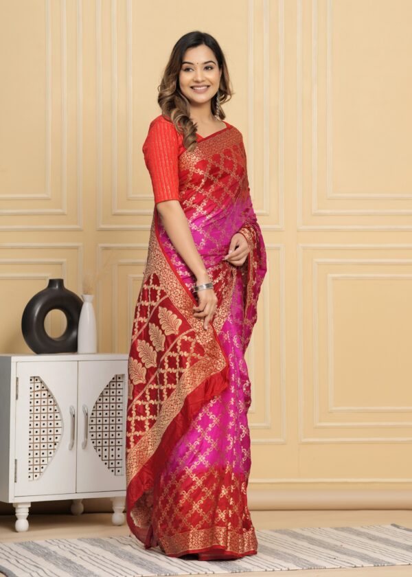 Gharchola Banarasi Silk Saree with Running Blouse Piece – Red & Pink - Image 3