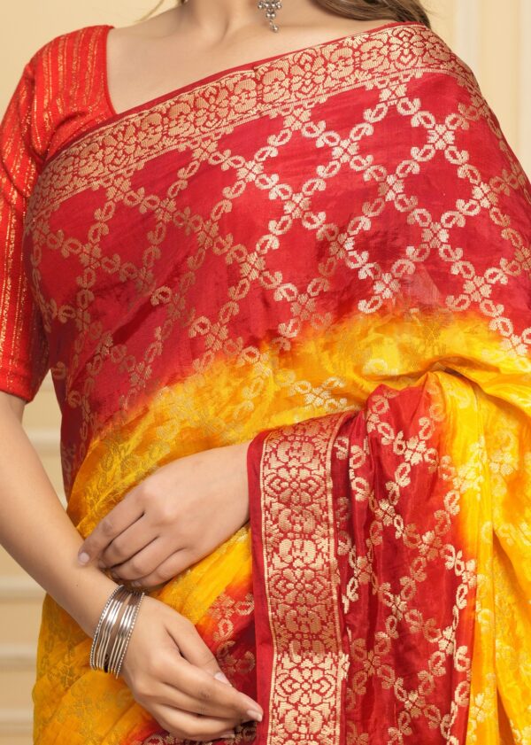 Gharchola Banarasi Silk Saree with Running Blouse Piece – Red & Yellow - Image 6