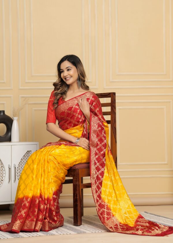 Gharchola Banarasi Silk Saree with Running Blouse Piece – Red & Yellow - Image 5