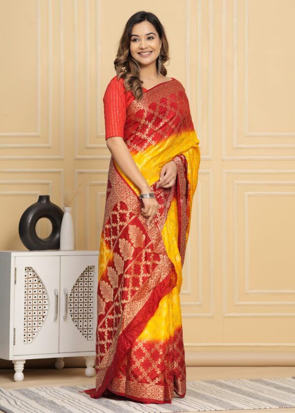 Gharchola Banarasi Silk Saree with Running Blouse Piece – Red & Yellow - Image 4