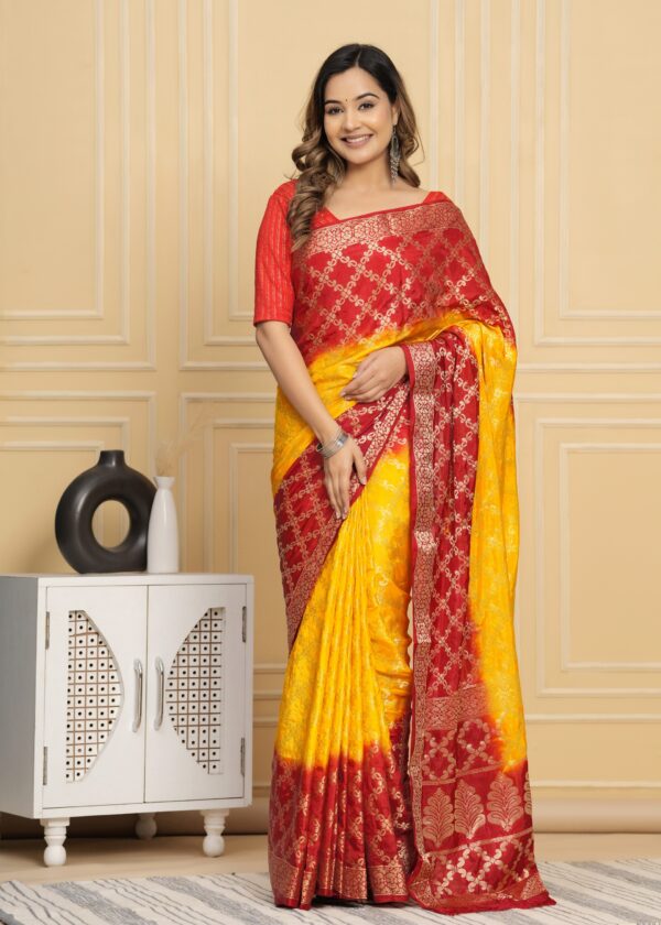 Gharchola Banarasi Silk Saree with Running Blouse Piece – Red & Yellow - Image 3