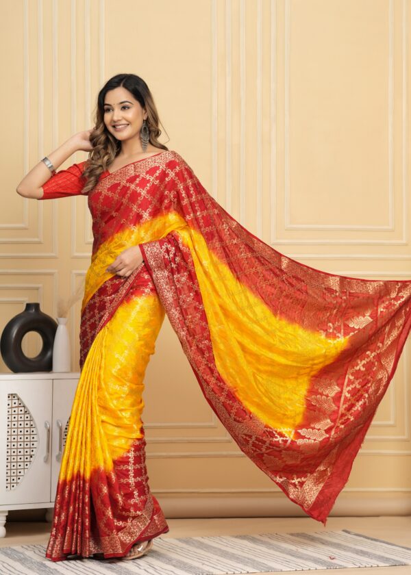Gharchola Banarasi Silk Saree with Running Blouse Piece – Red & Yellow - Image 2
