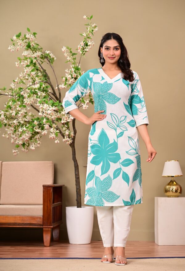Teal Floral Printed V-Neck Thread Work Pure Cotton Kurta With Trousers