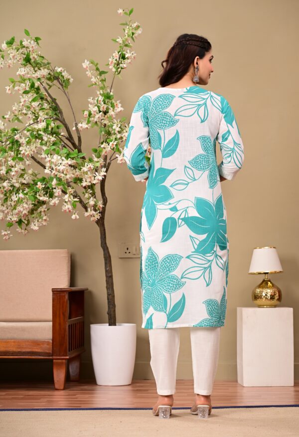 Teal Floral Printed V-Neck Thread Work Pure Cotton Kurta With Trousers - Image 2